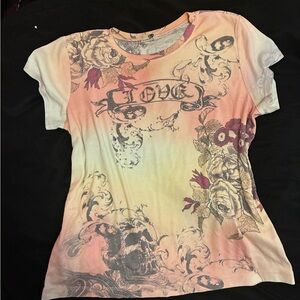 ONE WORLD Pink Peach Ombre Floral Short Sleeve Tee